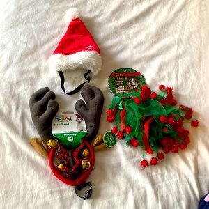 Dog Christmas headband, Pom-Pom scarf, and Santa hat.